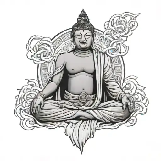 Buddha Full Body Disciple Wearing An Oni Mask Surrounded