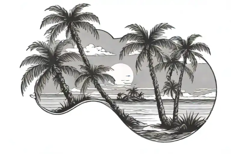 Realistic Two Palm Trees On A Beach Sunset Scene