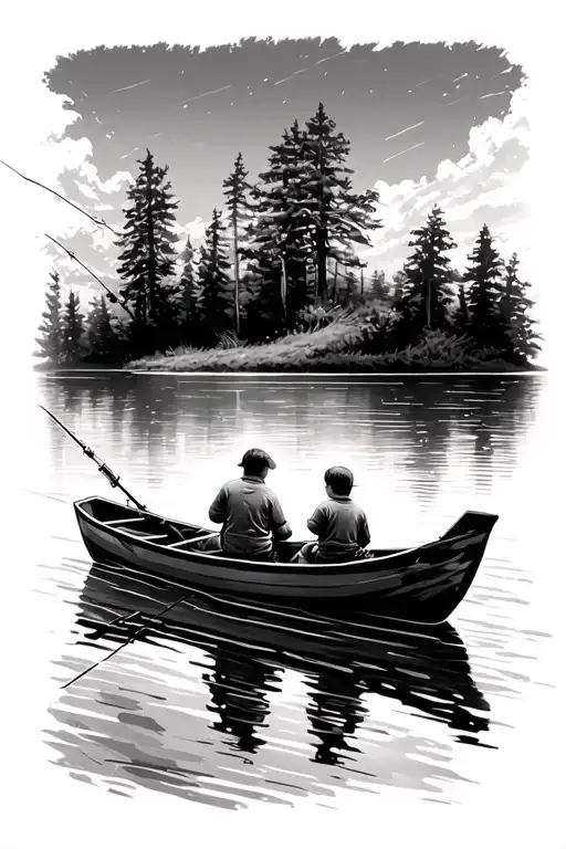 Facing Away Father And Two Sons Sitting In Boat Fishing In Lake Scene
