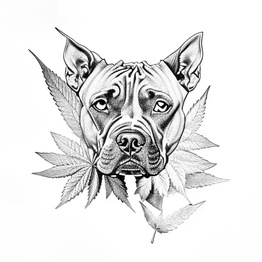 A Realistic Black And Grey Portrait Of A Pitbull With A Marijuana Leaf As A Background