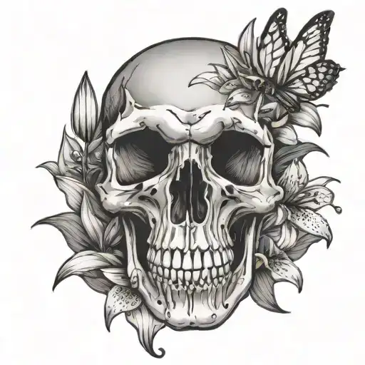 Dinosaur Skull & Lily Flower With A Bee On