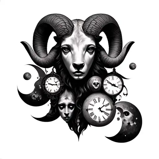 Draw An Aries Tattoo On Forearm With 8 Moons And Many Faces With Clocks