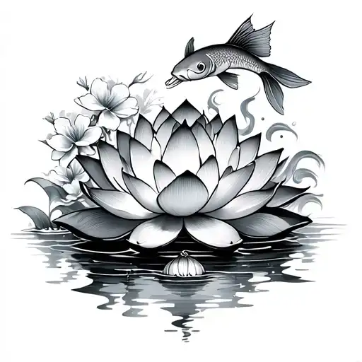 Lotus Flower With Smoke Coming Out And Koi Fish And Japanese Symbols And Cherry Blossoms