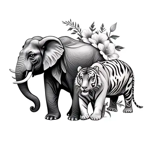 Elephant And Tiger And Flowers