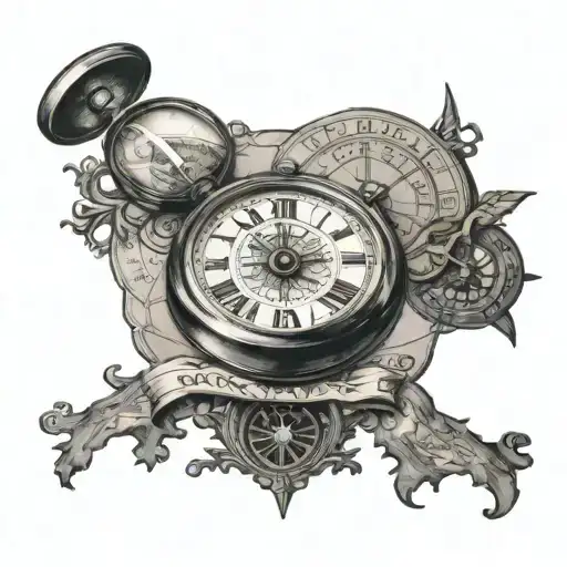 Old Map In The Back With Roman Numeral Clock On Top And Hour Glass