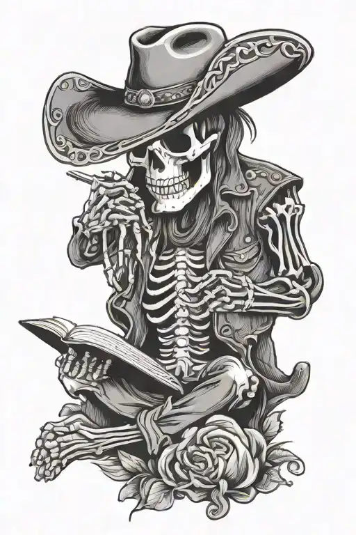 Skeleton Wearing A Cowboy Hat Reading A Book