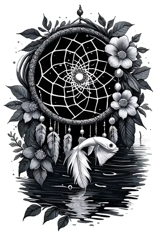 Dream Catcher With Flowers And Beta Fish Swimming Upstream