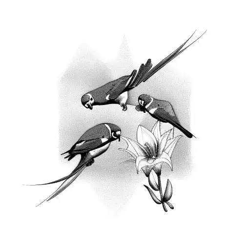 Two Parakeets With A Lily