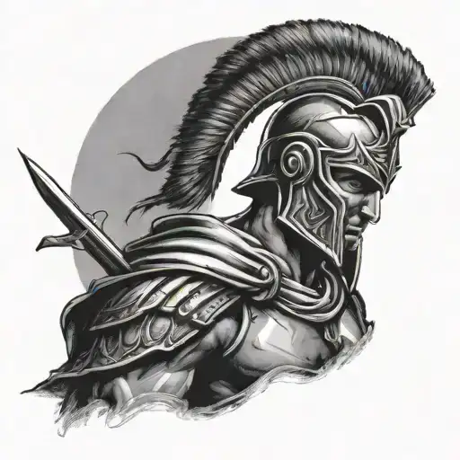 Portrait Of A Fierce Spartan Warrior In Black-grey Shading With A Sword