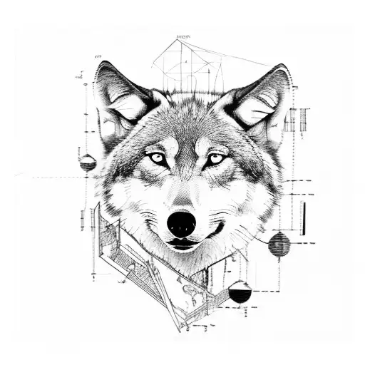 A Structural Blueprint Of A Building Integrated With Musical Notes And A Wolf Silhouette