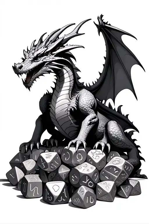 Dragon Sitting On A Horde Of D20 Dice