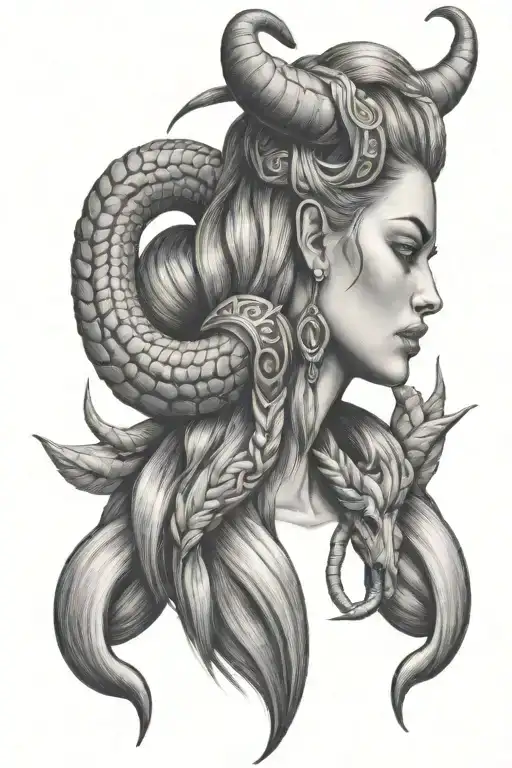 Virgo Goddess With Taurus Horns Woth Long Braided Hair Into A Scorpion Tail