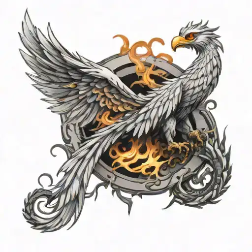 White Phoenix With Flames Next To A Dragon Flying