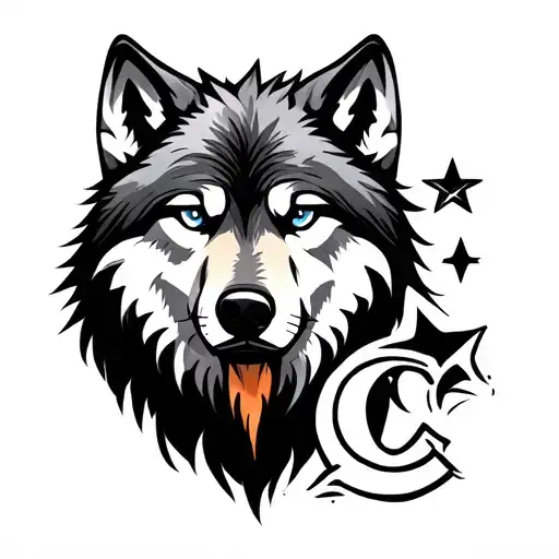 Black Fine Line Wolf With A C And A Star
