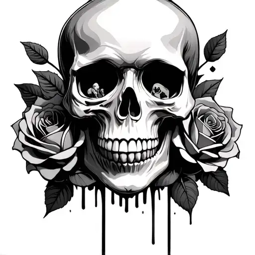 Skull With Gravestones In The Eyes And Large Roses Surrounding