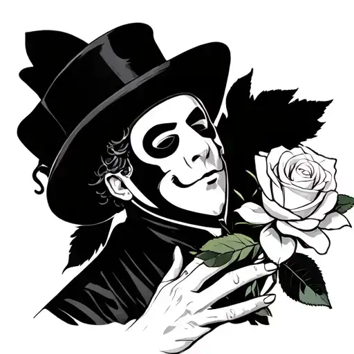 Comedy Tragedy Masked Man Holding A White Rose Of Work