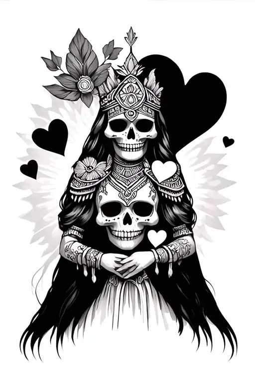 Aztec Skull Princess Holding Hearts