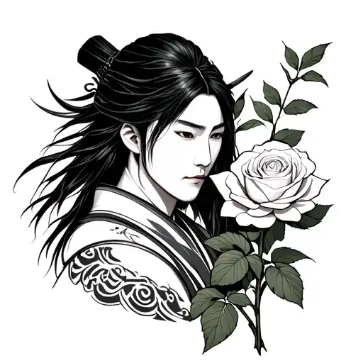 Japanese Warrior Holding A White Rose Growing
