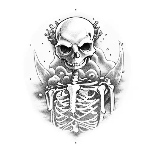 Skeleton Dressed As A Pirate On A Cliff Fishing A Brautiful Mairmaid In A Stormy Sea