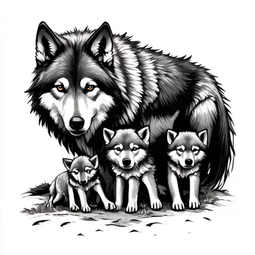Dad Wolf Protecting Two Wolf Pups