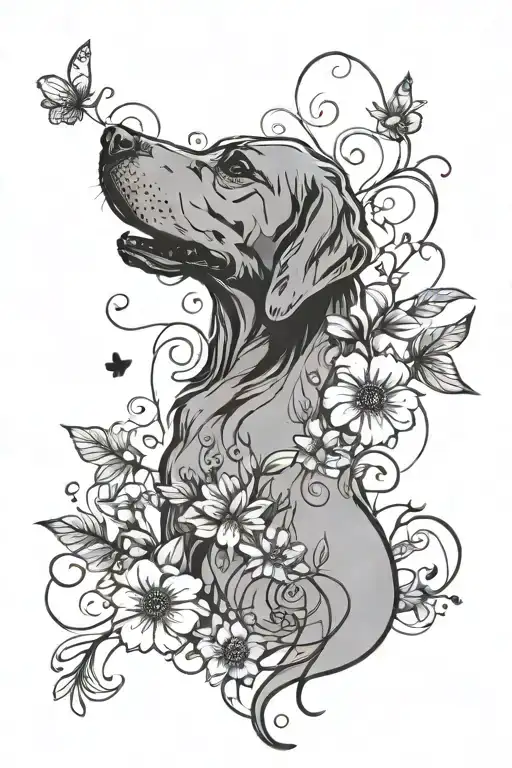 Dog Outline Tattoo With Flowers Trailing Along A Simple