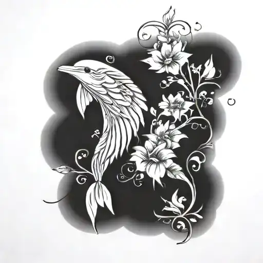 Angel Wing With Flowers On It Leading To A Dolphin With Flowers On It