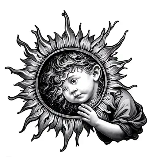 Child Holding The Sun With String As Drawing