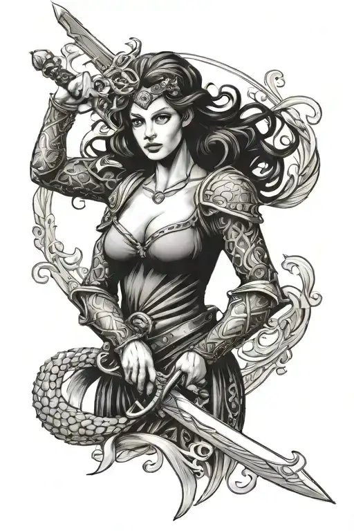 A Stately Woman With A Sword And Scales In Her Hands