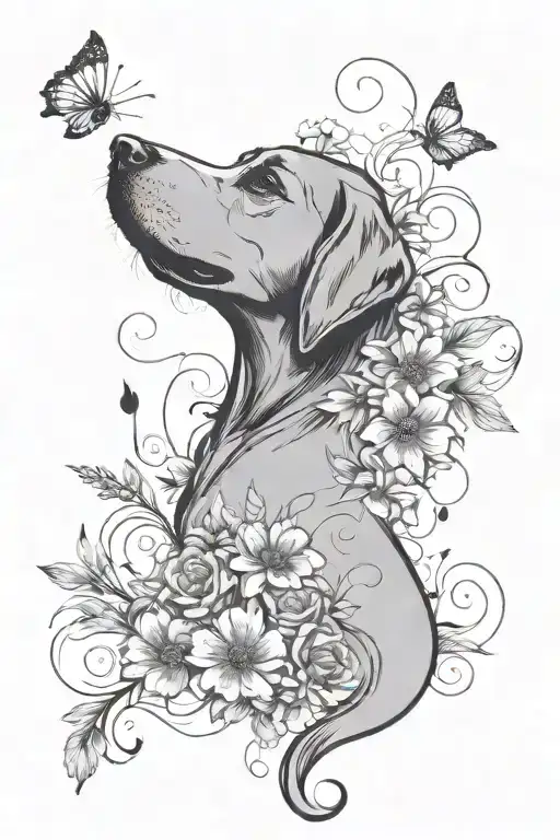 Dog Outline Tattoo With Flowers Trailing Along A Simple