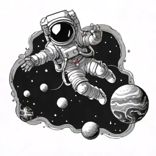 Relaxed Astronaut Floating In Space Around Planets