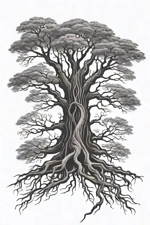 Dark Tree On The Forearm With Long Roots And 4 Childresns Names At The Base
