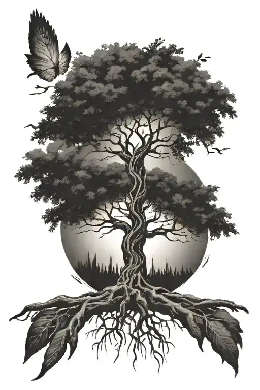 Dark Tree On The Forearm With Long Roots And 4 Childresns Names At The Base