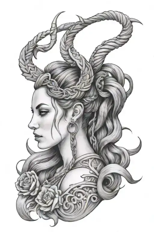 Virgo Woman With Taurus Horns And Long Braided Hair That Ends With Scorpio Tail