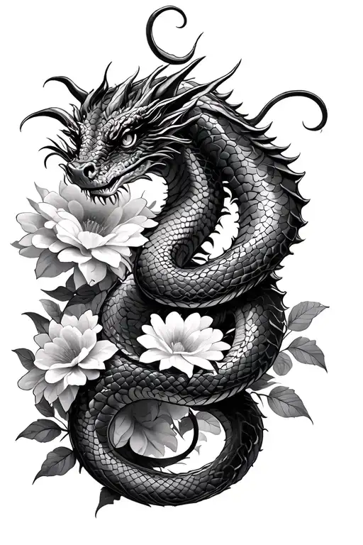 Snake And Dragon Intertwined In Flowers