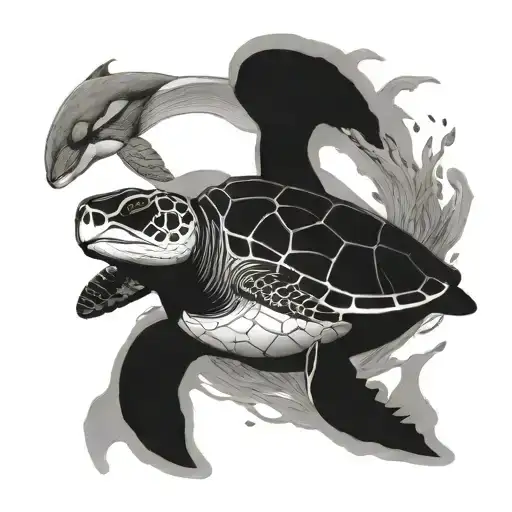 Sea Turtle Next To An Orca Whale Swimming