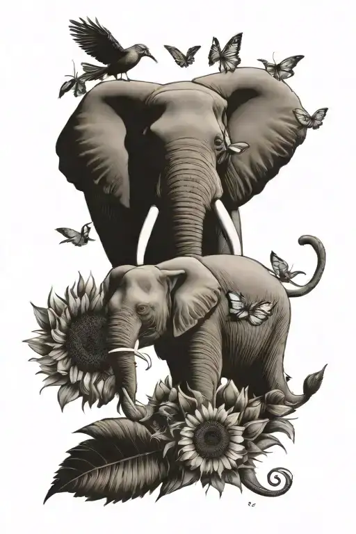 Elephant With Sunflowers And A Dove Flying With A Sunflower