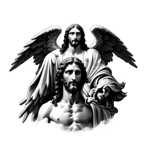 Michael Archangel And Gabriel Archangel Standing Side By Side Below Jesus Face