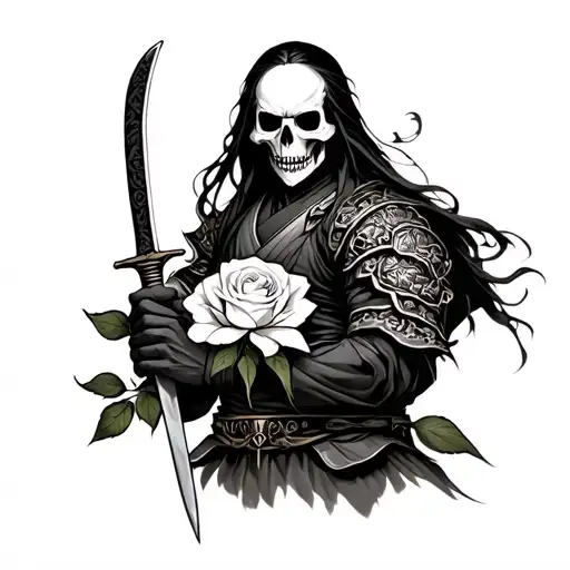 Japanese Death Warrior Holding A White Rose And Knife