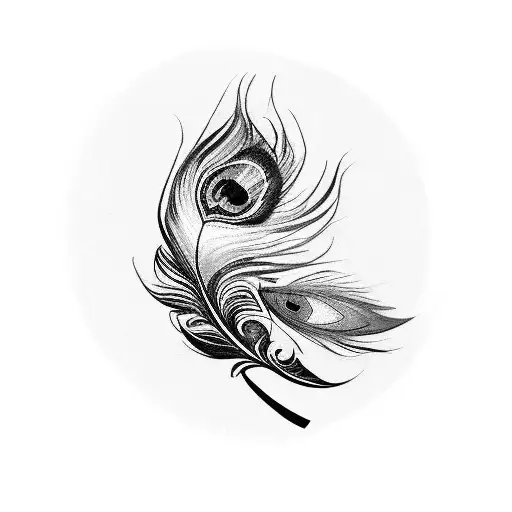 A Black-grey Tattoo Of A Peacock Feather With The Sudarshan Chakra As The Focal Point