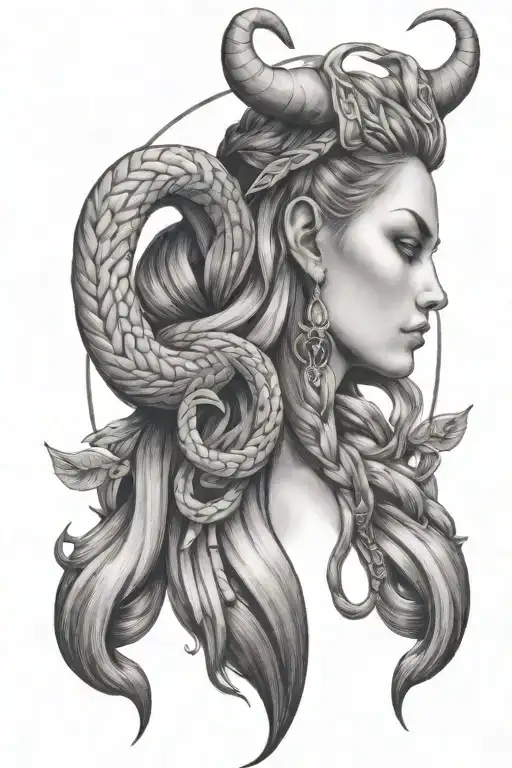 Virgo Goddess With Taurus Horns And With Long Braided Hair Into A Scorpion Tail