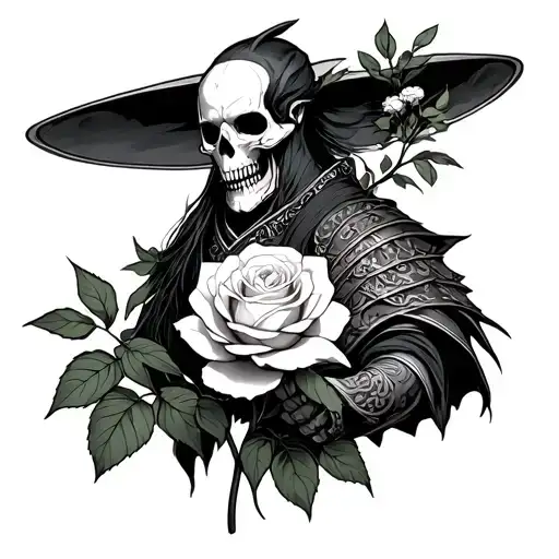 Japanese Death Warrior Holding A White Rose Growing