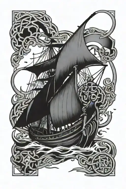 Celtic Long Boat With Skeleton Crew Sailing In Rough