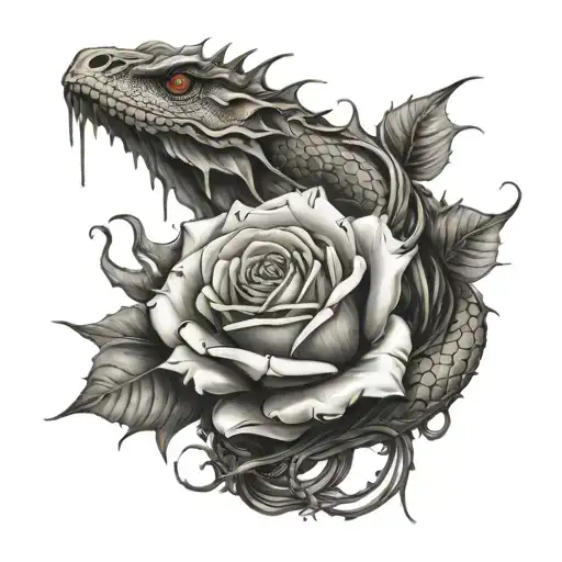 Dried Rose Dripping Oil On A Snake Wrapping Itself Around A Dragon