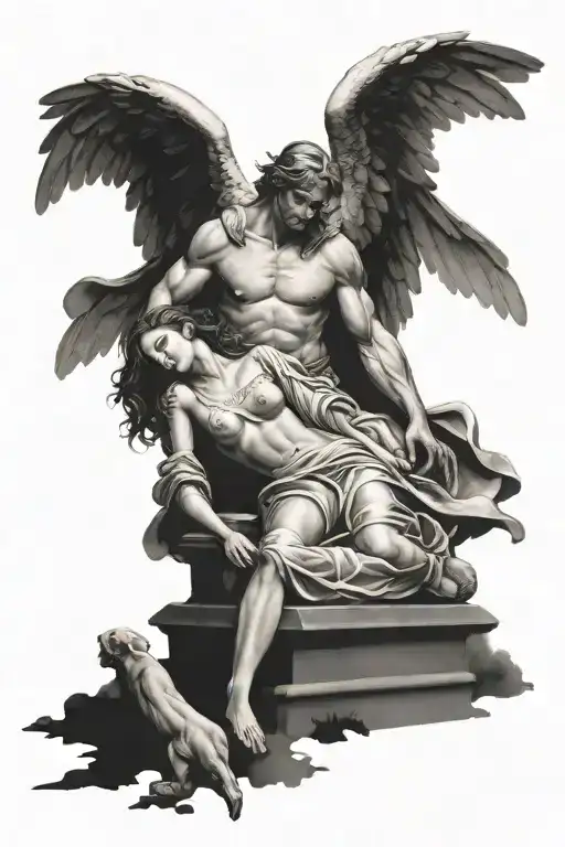 Guardian Angel Man Near A Girl Lying On The Grave