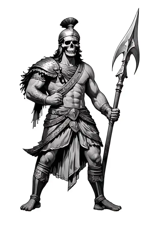 Full Body Greek Gladiator But His Head Is A Skull Holding A Spear