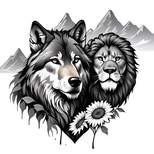 Wolf And Lion And 7 And Mountains And Sunflowers