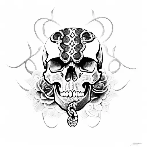 A Skull With Snake Through The Eye And Flowers Around