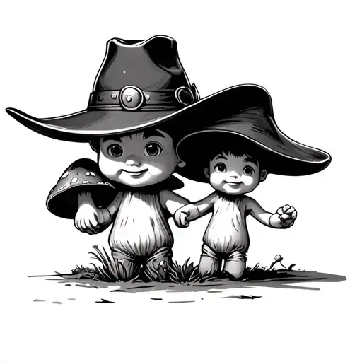 Dad Mushroom Wearing Cowboy Hat Holding Hands With Baby Mushroom