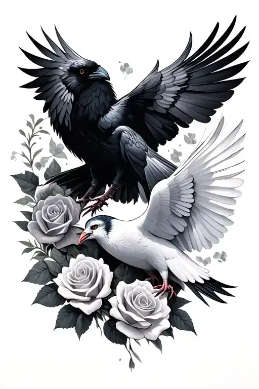 Roses And Black Ravens Fighting With White Pigeon