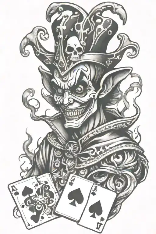 Evil Jester Portait With Playing Cards And Fire